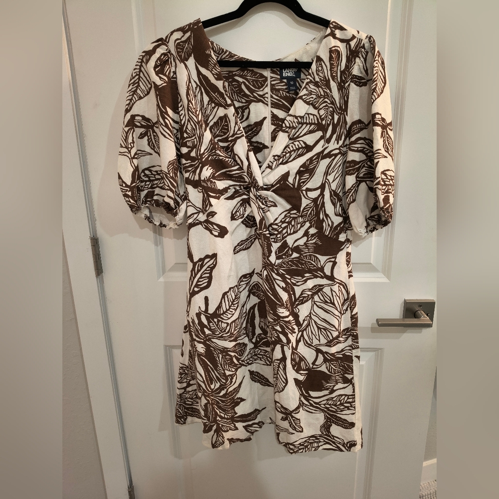 Lands' End Brown and White Leaf Print Dress